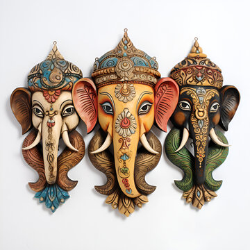 indian elephant sculpture, wooden ganesh mask, long ear wooden ganesh mask
