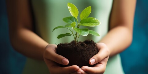 A small green plant in the hands of a woman