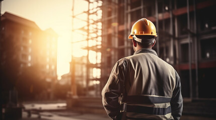Construction worker with safety helmet in front of a building in construction , construction industry concept background - obrazy, fototapety, plakaty