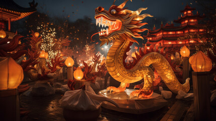 Fototapeta premium Chinese new year 2024 background with a wood dragon sign sculpture and Chinese lanterns