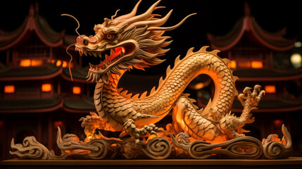 Chinese new year 2024 background with a wood dragon sign sculpture and Chinese lanterns