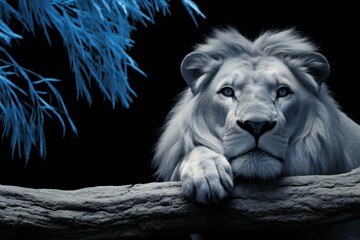 White lion sitting on a piece of wood in front of a black background
