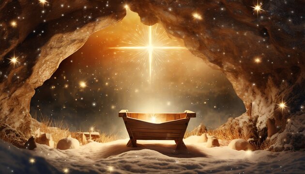  Inside the cave with empty wooden manger. Birth of Jesus Christ.