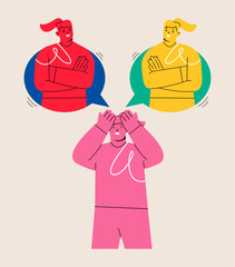 Perplexed woman heeds inner voice. Psychological concept of split personality. Colorful vector illustration.