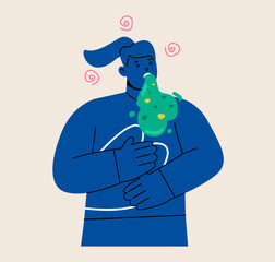 Female is suffering from vomiting. Food poisoning concept. Colorful vector illustration