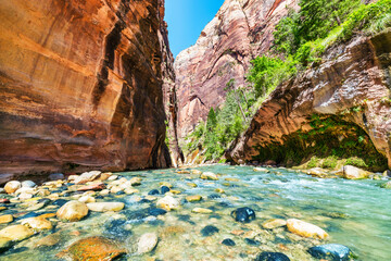 Zion National Park, Utah, USA, narrowing trail. Beautiful scenery, views of incredibly picturesque cliffs and mountains. Concept, tourism, travel, landmark