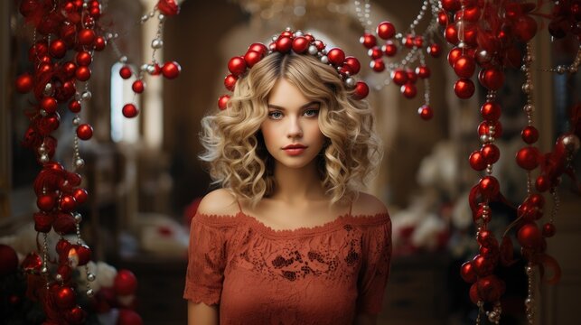 Curly blonde hair woman with small red Christmas balls on head