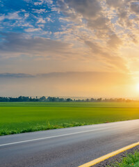 Straight country road and green farmland natural scenery at sunrise