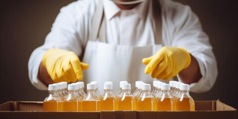 Close-up of a worker packaging  bottles.