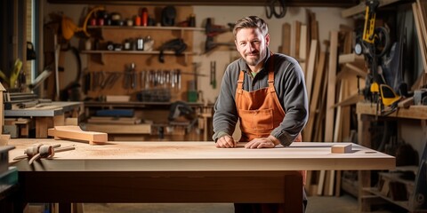 Fototapeta premium Portrait of a male carpenter in a workshop