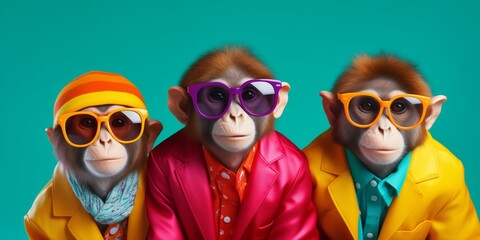 Creative Animal Concept. Three monkey in a group