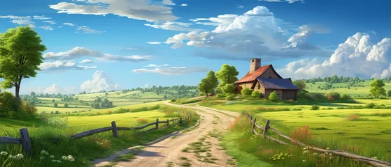 Fotobehang Beautiful illustration of a small house in the middle of lush green field. © Fokasu Art