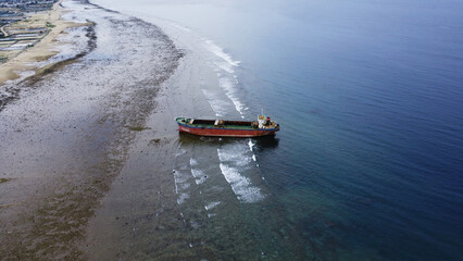 Aerial Top View Of Sunken Cargo Ship Tanker Wrecked