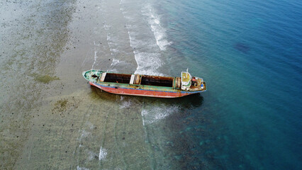 Aerial Top View Of Sunken Cargo Ship Tanker Wrecked