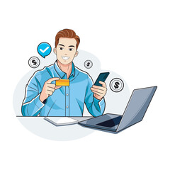 Businessman. A young man a credit card in his hands and checks the account. Vector illustration