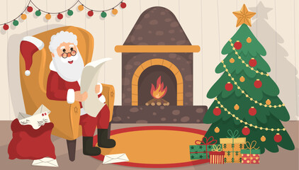 Obraz na płótnie Canvas Banner Christmas living room interior with Xmas tree, fireplace, garland, carpet, gift boxes. Santa Claus sits in armchair and reads letter or wish list. Flat cartoon vector illustration.