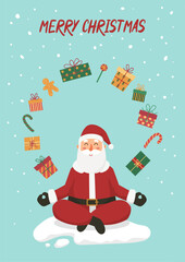Christmas card or poster with Santa Claus sitting in a yoga pose, relaxing, flying gift boxes, snow and text Merry Christmas on blue background. Flat cartoon vector illustration.