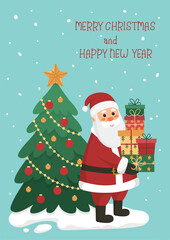 Christmas card or poster with Santa Claus holds gifts, Christmas tree, snow and text Merry Christmas and Happy New Year on blue background. Flat cartoon vector illustration.