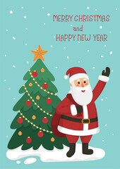 Fototapeta na wymiar Christmas card or poster Santa Claus with bag of gifts, Christmas tree, snow and text Merry Christmas and Happy New Year on blue background. Flat cartoon vector illustration.