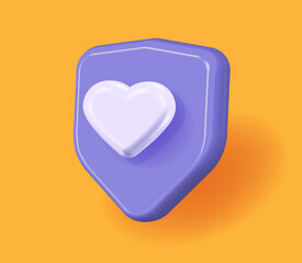 Heart shield safety 3d icon vector graphic, modern health care life insurance guard protection render cartoon design purple violet, love shelter support security sign, medical defense image clipart