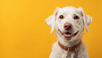 smiling white dog facing the camera yellow background
