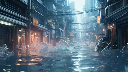 Explore the use of holographic barriers to protect against devastating floods in a digitally-rendered city