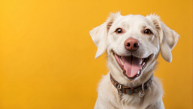smiling white dog facing the camera yellow background