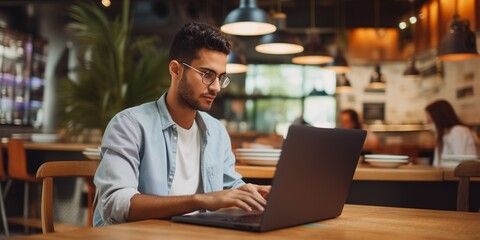 Young man working with laptop in cafe