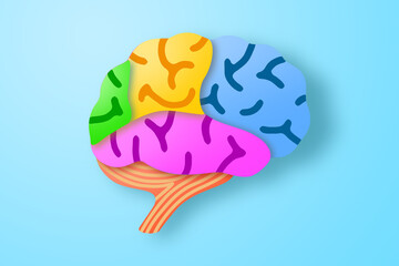 Paper craft of the human brain on blue background. Cross section of human brain for health care concept.
