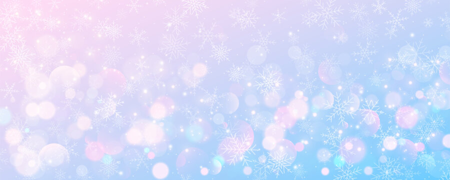 Christmas snowy background. Cold pink blue pastel winter sky. Vector ice blizzard on gradient texture with bokeh and flakes. Festive new year theme for season sale wallpaper.