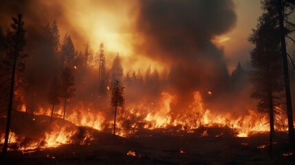 Fototapeta premium In a simulated wilderness, wildfires endanger the ecosystem, necessitating advanced containment measures