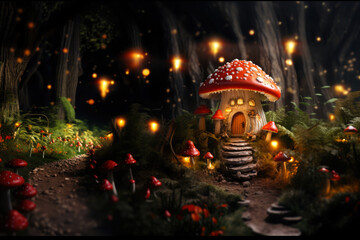 Fototapeta premium Miniature fairy house in amanita muscaria mushroom. Fairy tale mushroom house in the middle of a magical forest