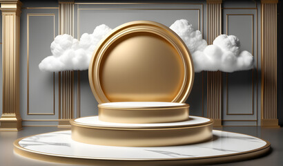 luxury golden podium product showcase stage background platform with clouds around it