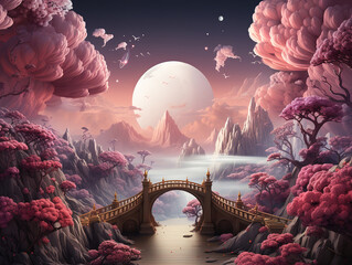 Fantasy bridge wood with cloud in the space with a cute landscape. Generative Ai
