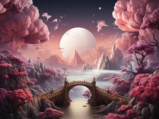 Fotobehang Fantasy bridge wood with cloud in the space with a cute landscape. Generative Ai © RUMA
