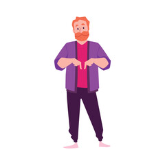 Bearded man hand pointing fingers down, vector person makes a gesture paying attention, presenting, indicating, choosing