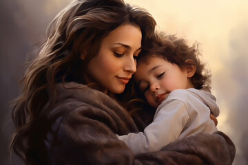 Embracing, smiling mom with curly hair bonding with her cute child