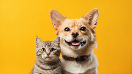 cat and dog in front of bright yellow background