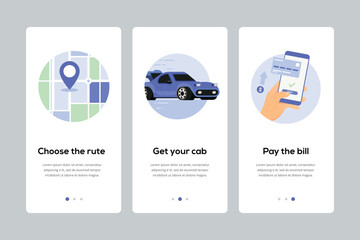 Onboarding screens for online taxi booking app. Online order booking transportation onboarding screens template for mobile apps on smartphone or website