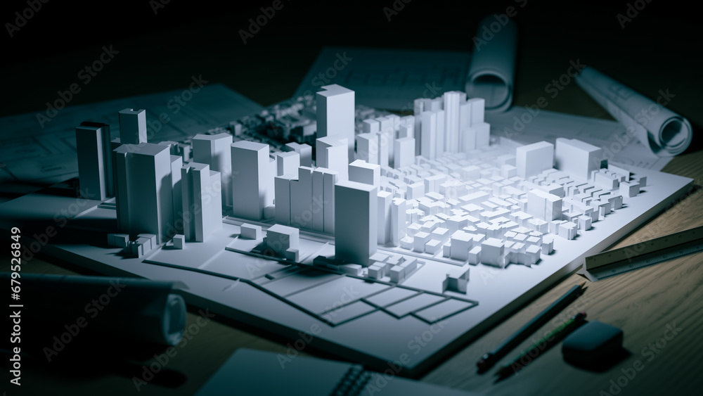 Poster background of making and reviewing models while planning urban planning concept, 3d rendering