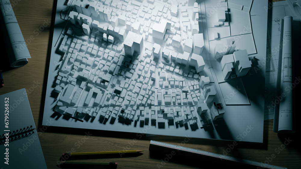Poster background of making and reviewing models while planning urban planning concept, 3d rendering