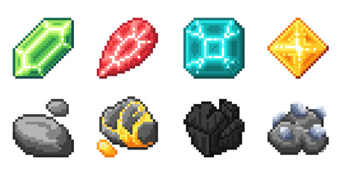Set of pixel art icons for retro games. Stones and minerals icons. Icon resolution is 24 by 24 pixels.