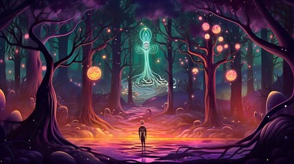 lone traveler encountering a spirit radiating mystical light