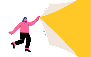 Business woman pull rope to open empty paper. Flat vector illustration isolated on white background