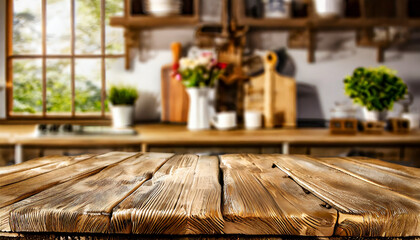 Chic Culinary Setting: Brown Table Against Kitchen Blur