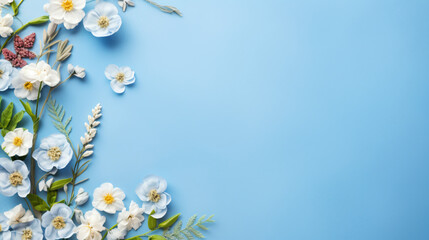Spring flower border on soft blue background copy space