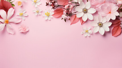 Spring flower border on soft pink background copy space