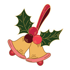 Christmas decoration two golden bells with holly leaves and berries sticker design isolated on transparent background