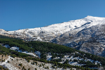 Fototapeta na wymiar panoramic view of ski resort in sierra nevada, skiers along the slopes