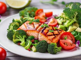 Grilled salmon fish fillet and fresh green leafy vegetable salad with tomatoes  red onion and broccoli